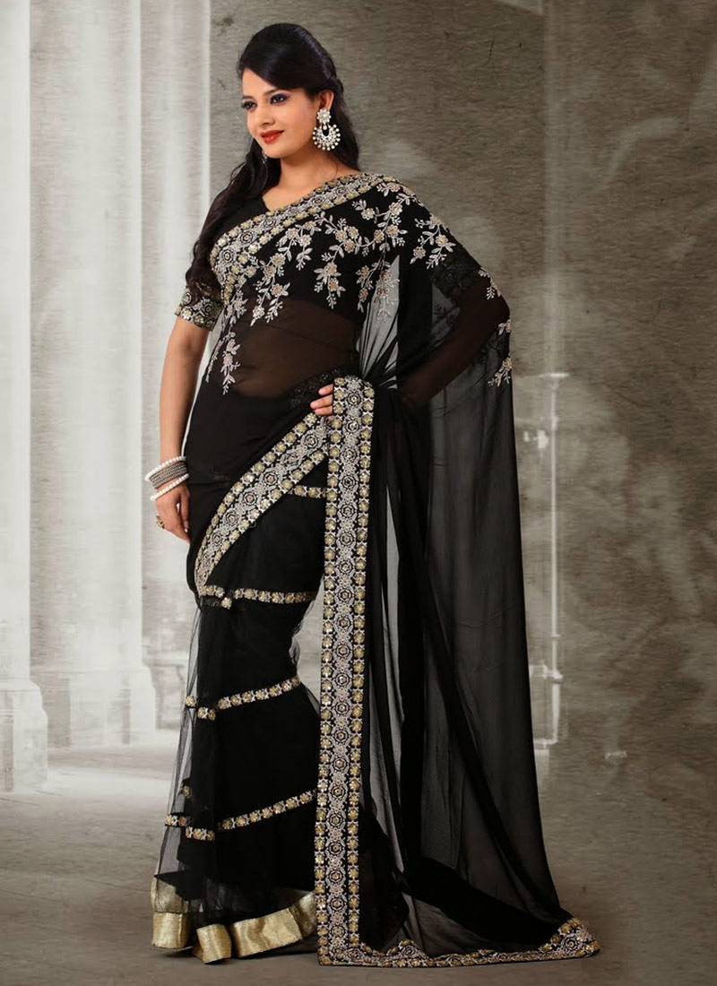 black stone work net and faux georgette half and half saree