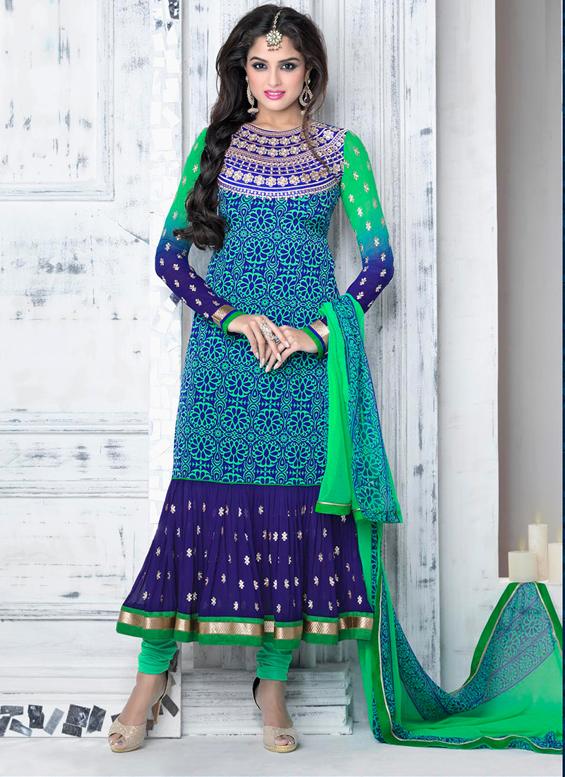 Blue And Green Shaded Crepe Churidar Salwar Kameez