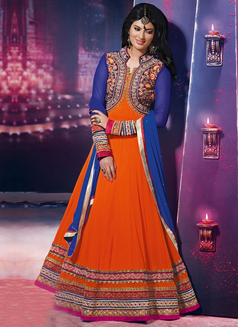Blue And Orange Embroidery Work Georgette Anarkali Suit