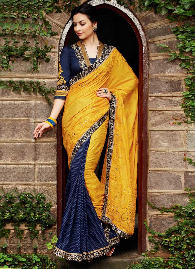 Blue And Yellow Silk Half And Half Saree
