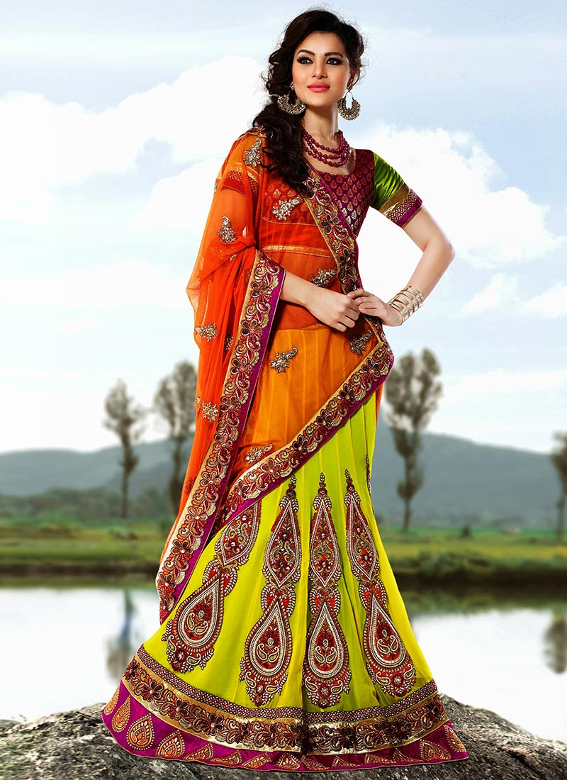orange green combination lehenga