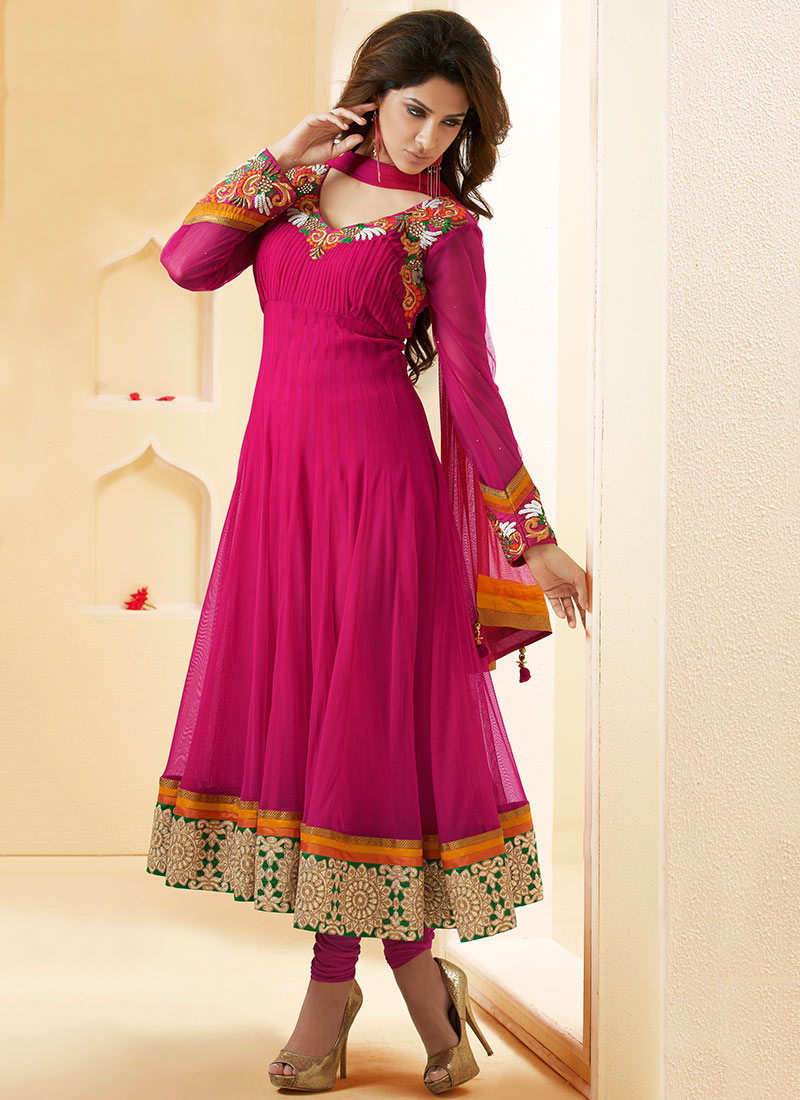 Pink net hot sale anarkali