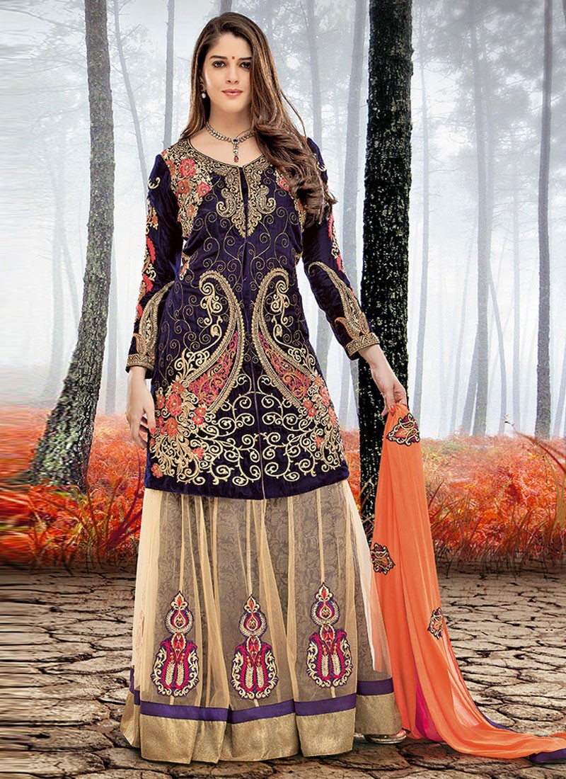 beige and blue lehenga