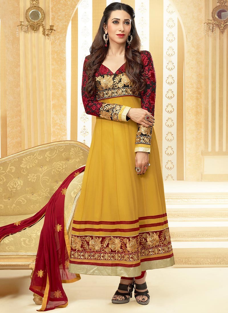 Mustard And Red Resham Work Churidar Suit