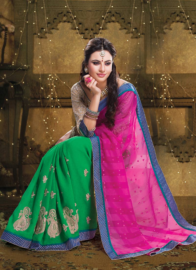 Green and pink half saree | Half saree designs, Half saree lehenga, Lehenga  saree design