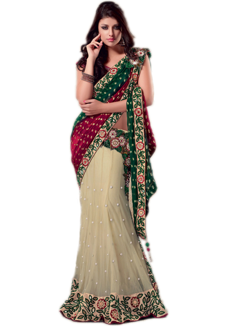 classy tri colored lehenga style saree