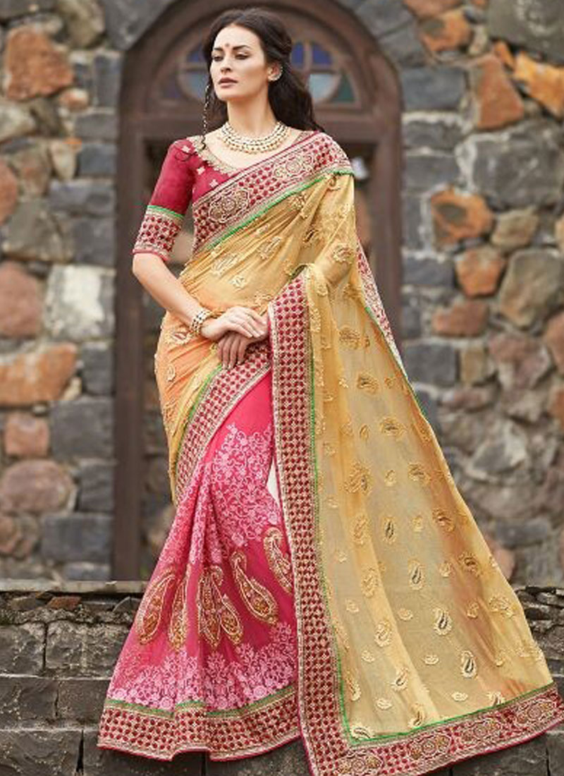 Cream And Hot Pink Net Half And Half Saree