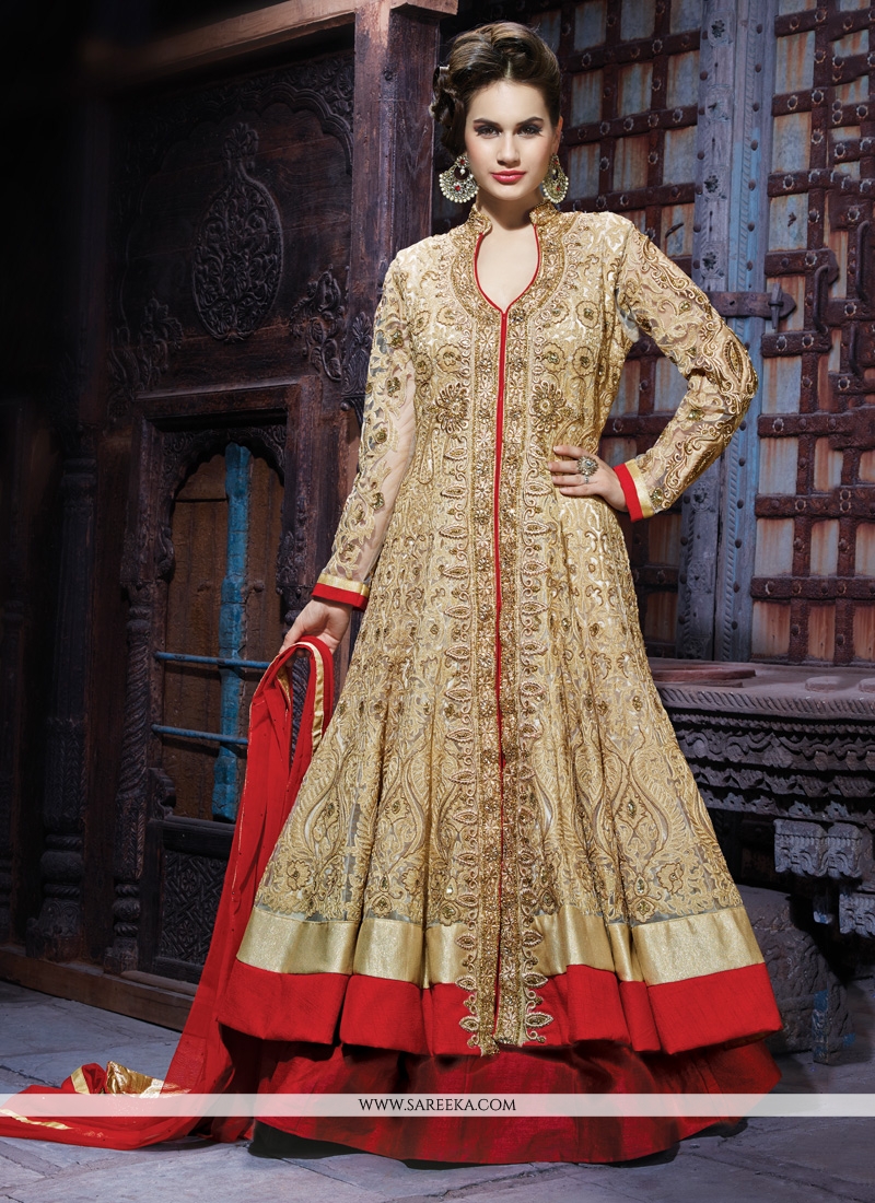 Cream and Maroon Bridal Lehenga Choli