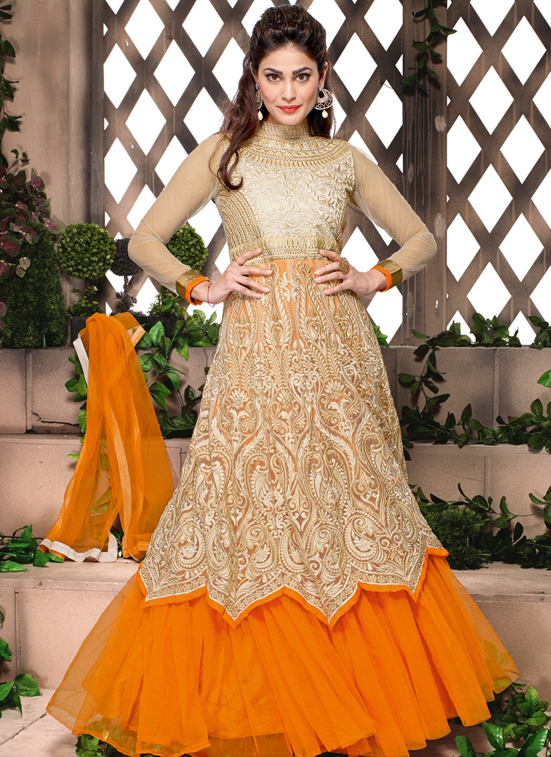 Cream And Orange Zari Work Net Anarkali Suit