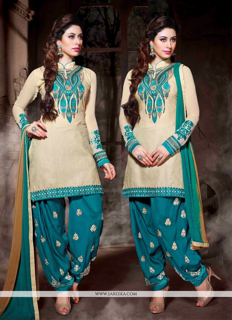 Cream Cotton Silk Punjabi Salwar Suit 