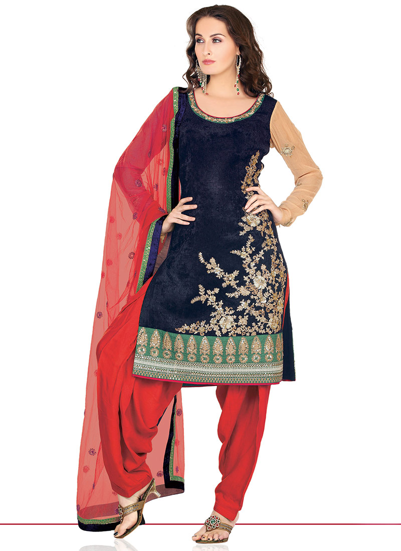 Blue Velvet Semi Patiala Suit