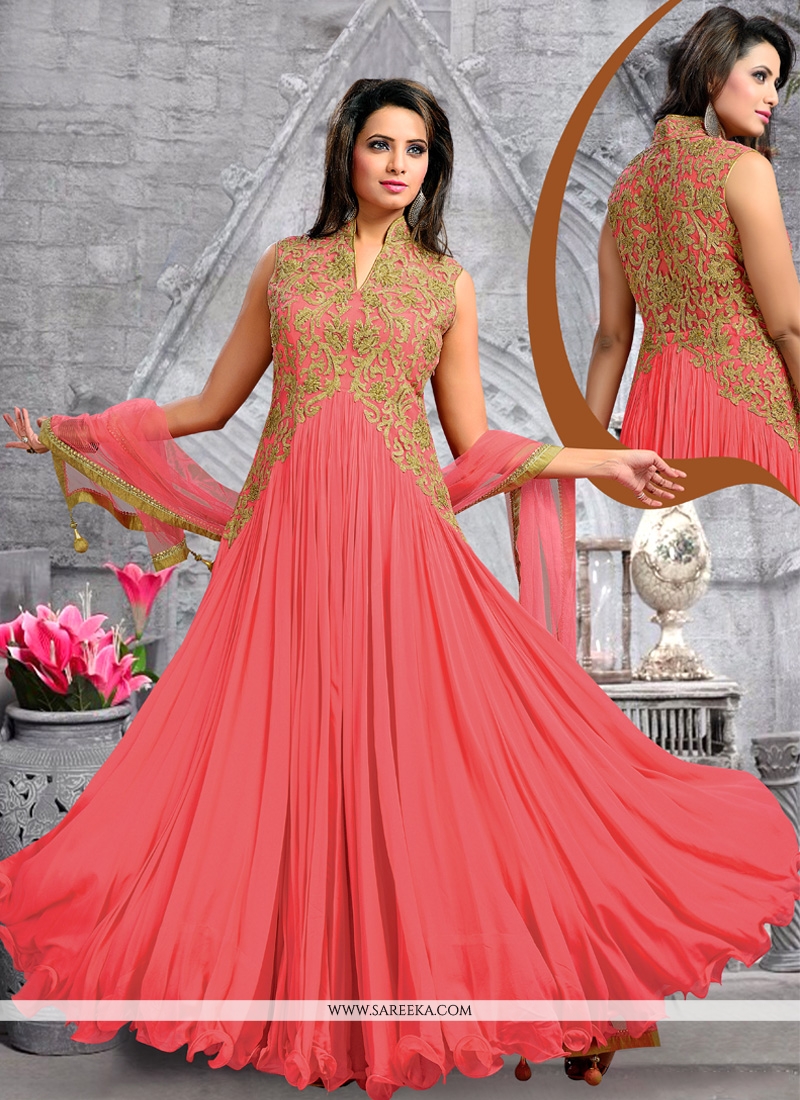 Georgette Peach Anarkali Salwar Kameez