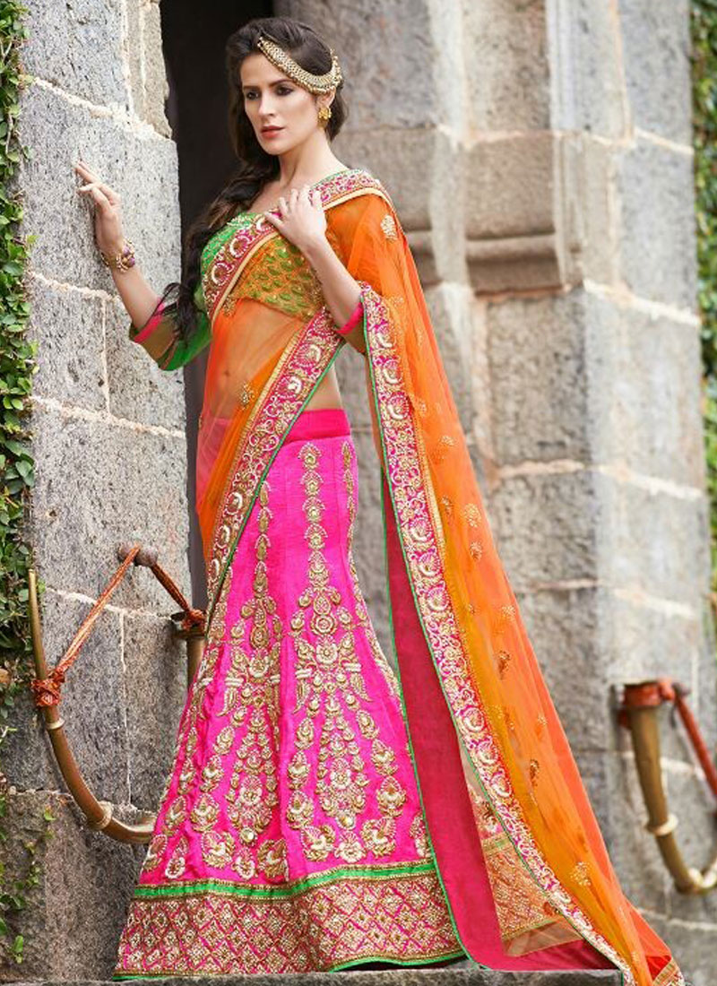 Pink And Orange Net Lehenga Saree 