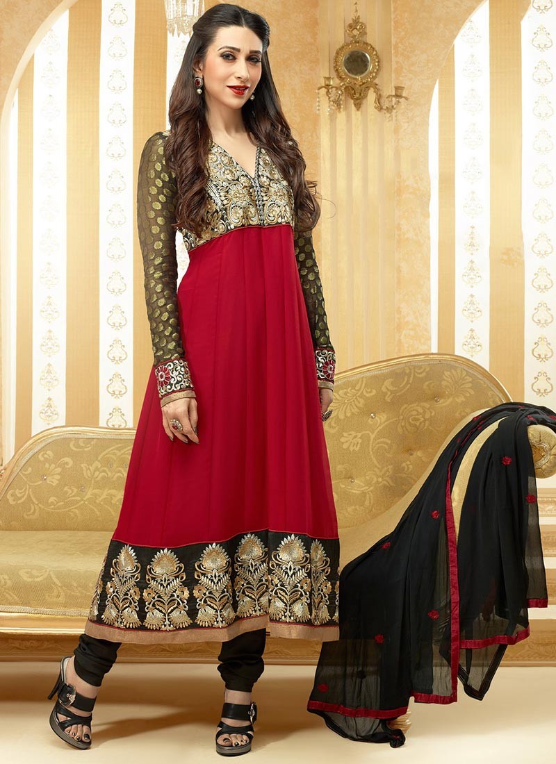 Red And Black Faux Georgette Anarkali Suit - New Arrivals