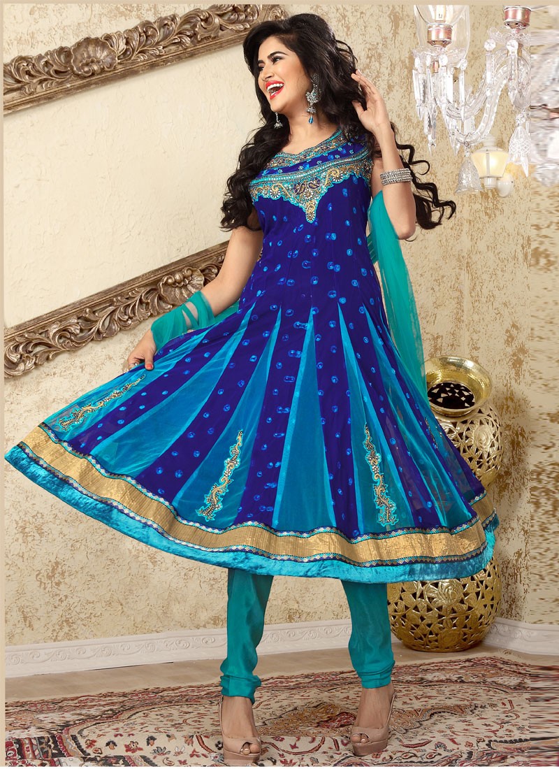 designer turquoise georgette floor length anarkali suit