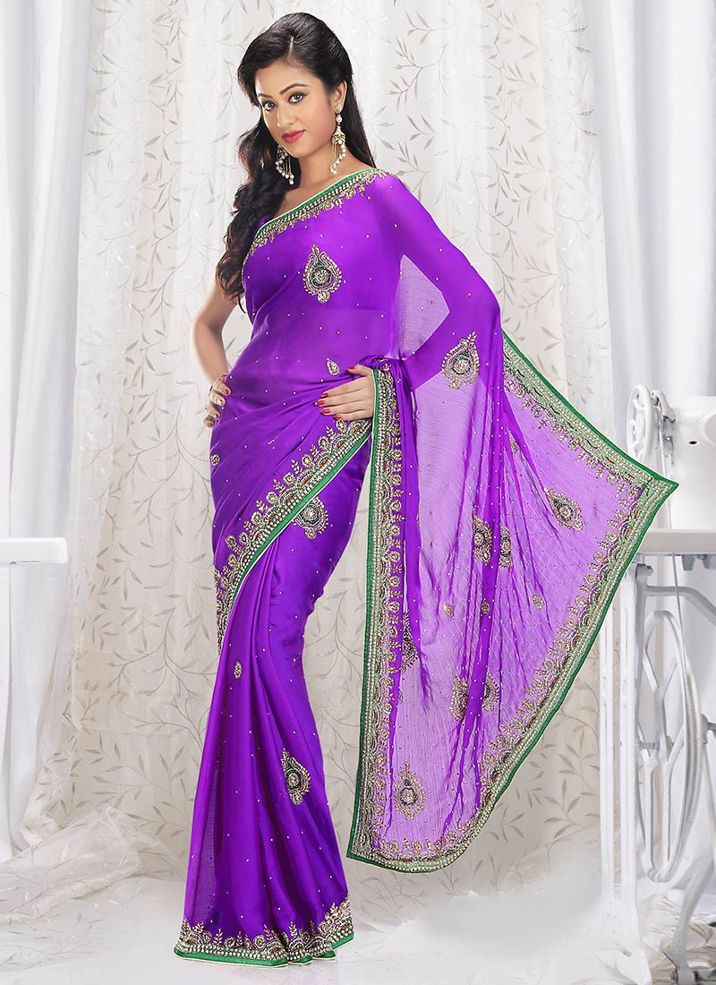 Buy Black and Purple Satin Saree with Embroidered Blouse Online