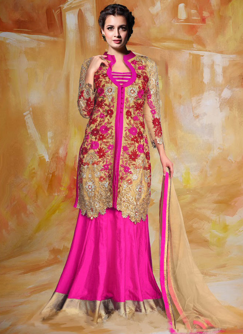 Dia Mirza Magenta And Beige Silk Lehenga Choli