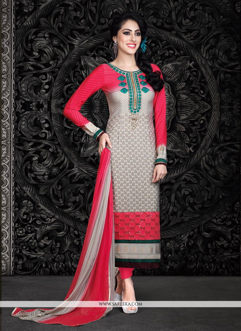Grey and Hot Pink Lace Work Faux Crepe Churidar Designer Suit