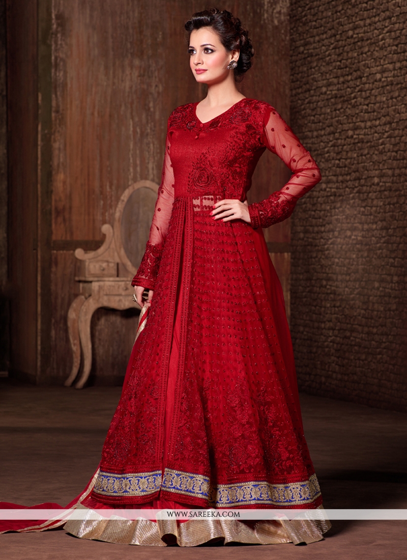 Diya Mirza Embroidered Work Red A Line Lehenga Choli