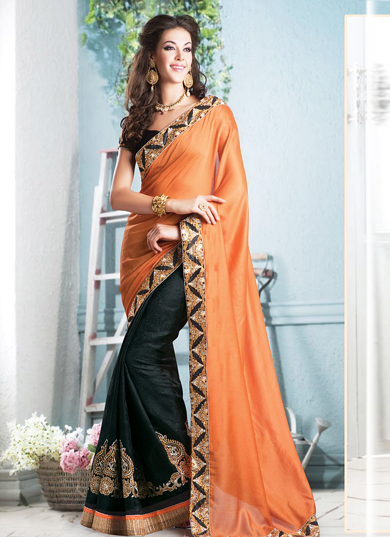 Orange And Black Zari Cotton Jacquard Saree