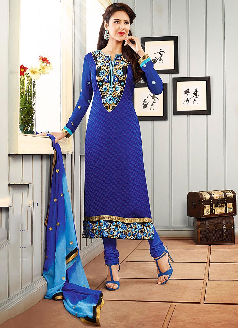 Georgette Blue Churidar Salwar Suit