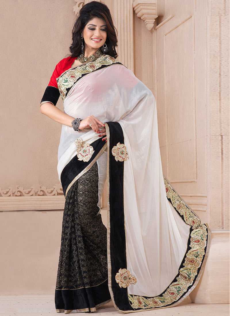 Off White And Black Half And Half Saree -