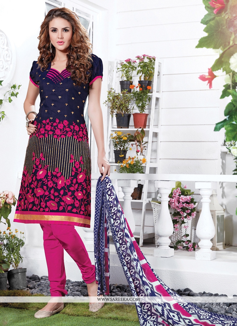 Embroidered Work Navy Blue Churidar Suit