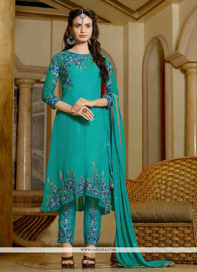 Georgette Teal Designer Straight Salwar Kameez