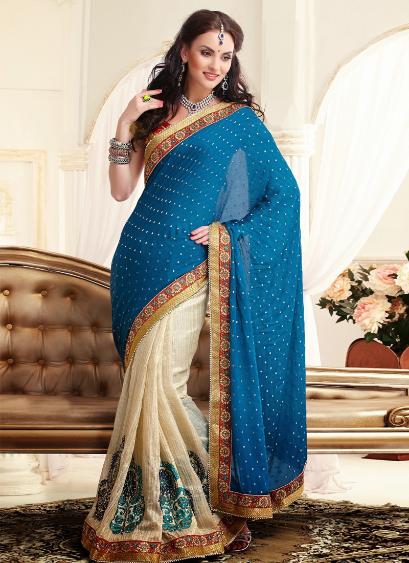 Sky Blue Colour Soft Lichi Silk Red Border Saree – Sareewave