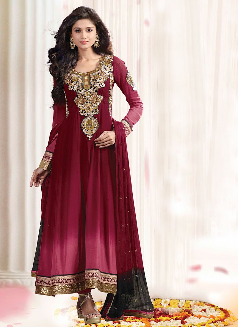 Maroon Sequins Work Georgette Anarkali Suit