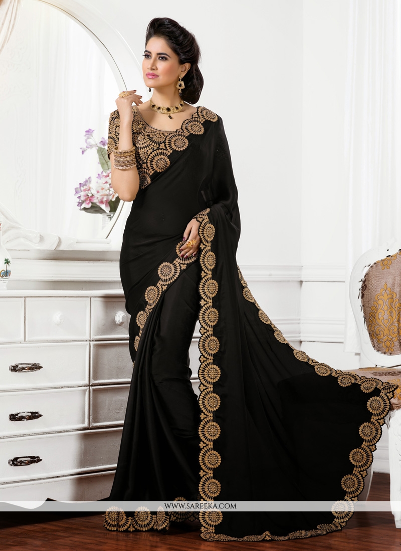 Black Partywear Sequence Embroidered Silk Saree