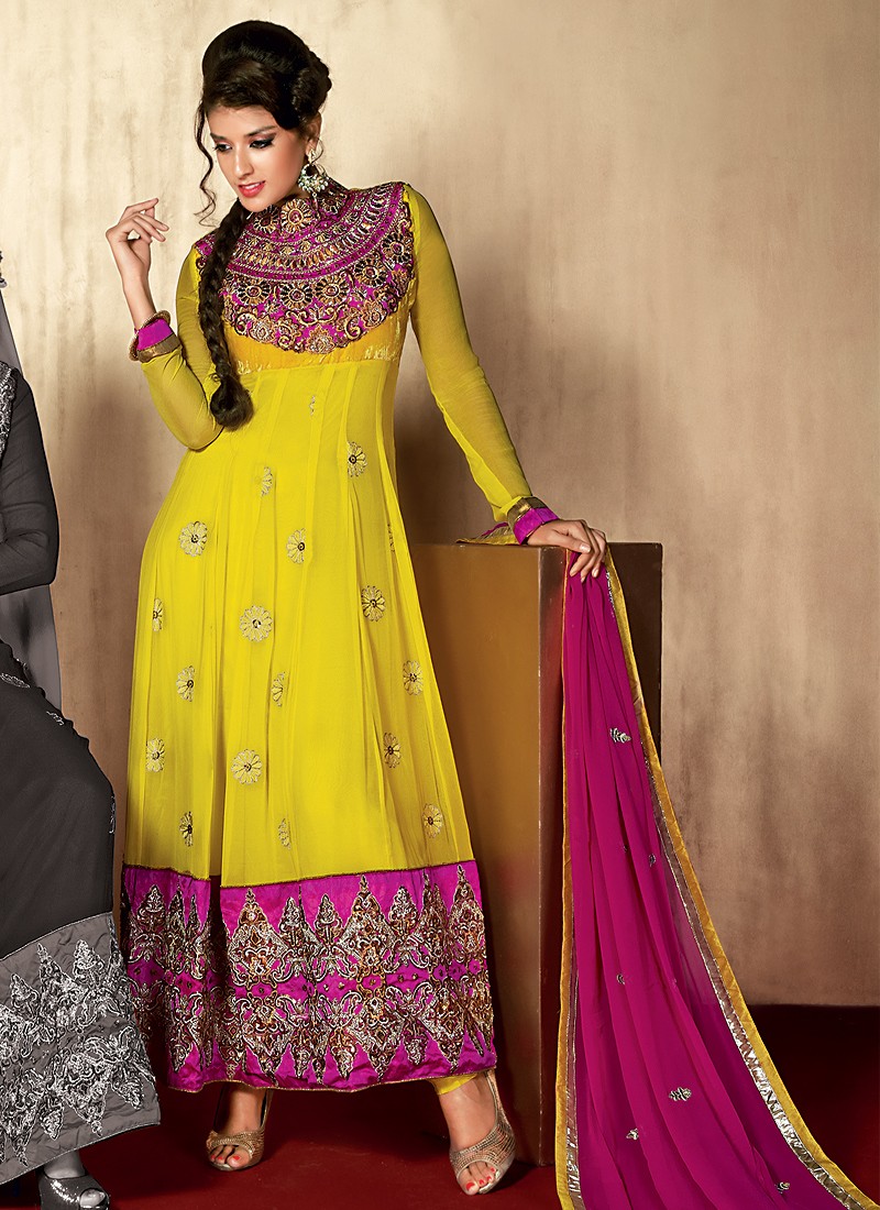 Fancy Yellow Salwar Kameez - Anarkali Suits