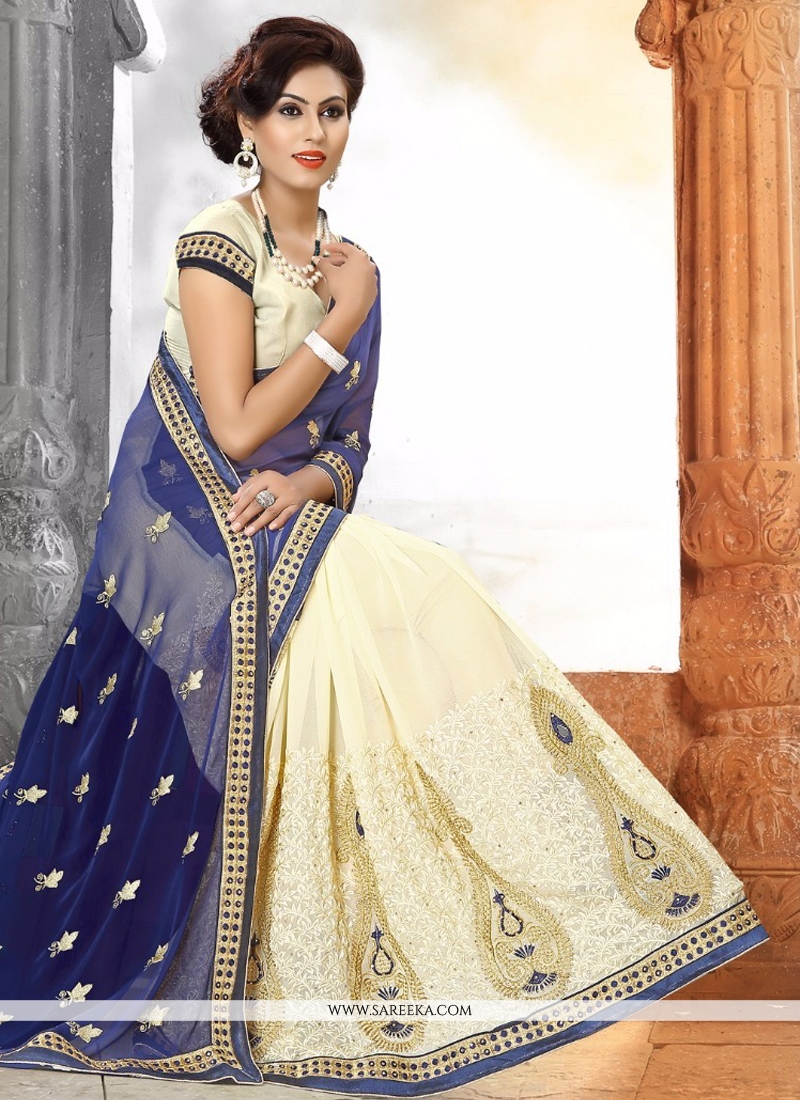 Cream And Blue Zari Work Georgette Designer Saree 1093