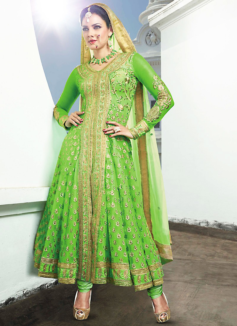 LIME GREEN THREAD AND SEQUINCE EMBROIDERED WORK GEORGETTE ANARKALI LONG SALWAR  SUIT DUPATTA STITCHED GOWN - SHUBHKALA - 4088790