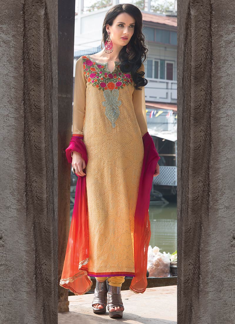 Peach Chiffon Churidar Suit