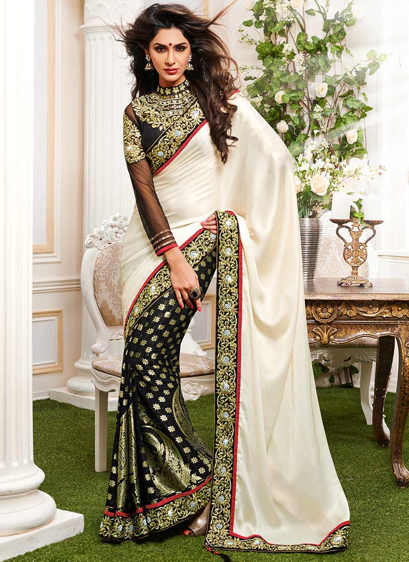 Black And Cream Half And Half Saree