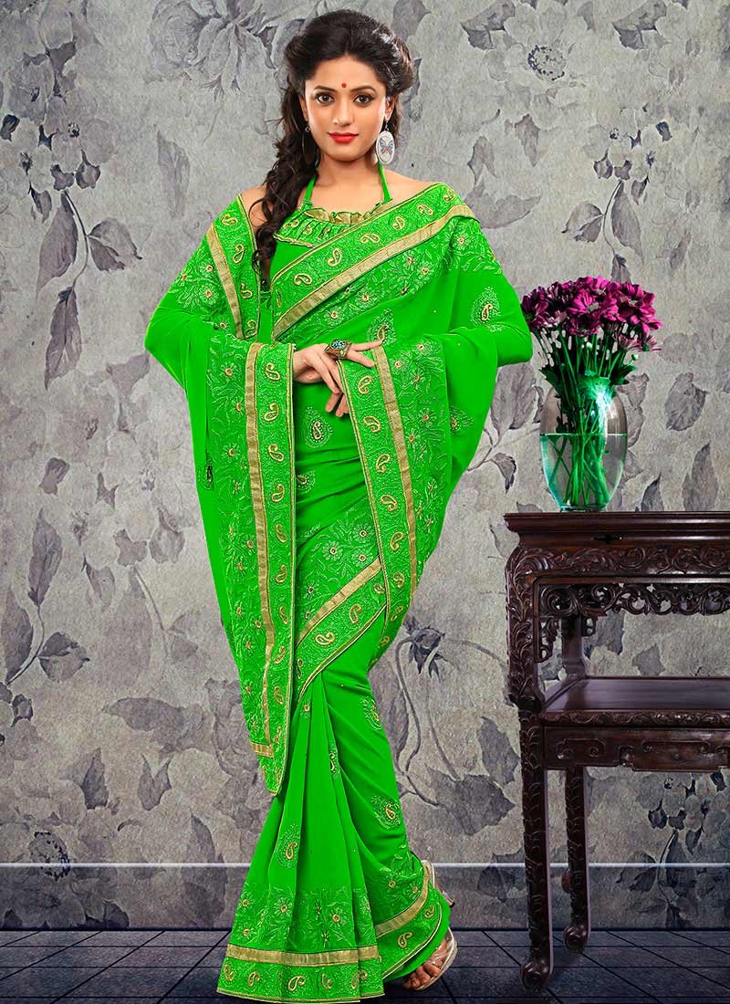 Green Embroidered Work Designer Saree
