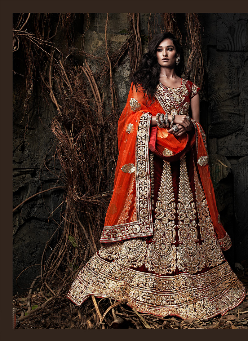 groovy orange and maroon velvet bridal lehenga choli