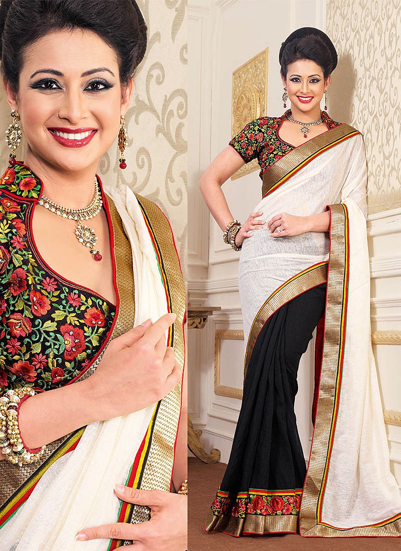 Cbazaar White And Black Half And Half Saree | Black and white saree, Saree  designs, Saree styles