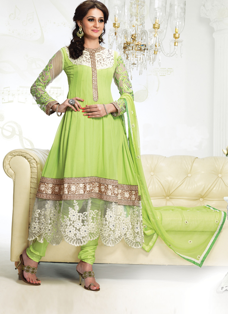 Jazz Green Colour And Embroidery Lace Border Designer Churidar Suit