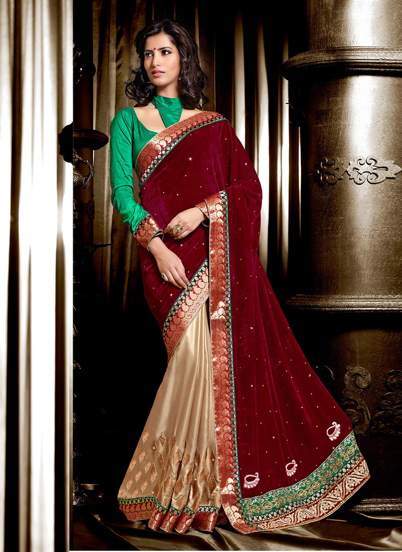 Pre-stitched Lycra Net Shimmer Butterfly Pallu Saree in Maroon : SESA810