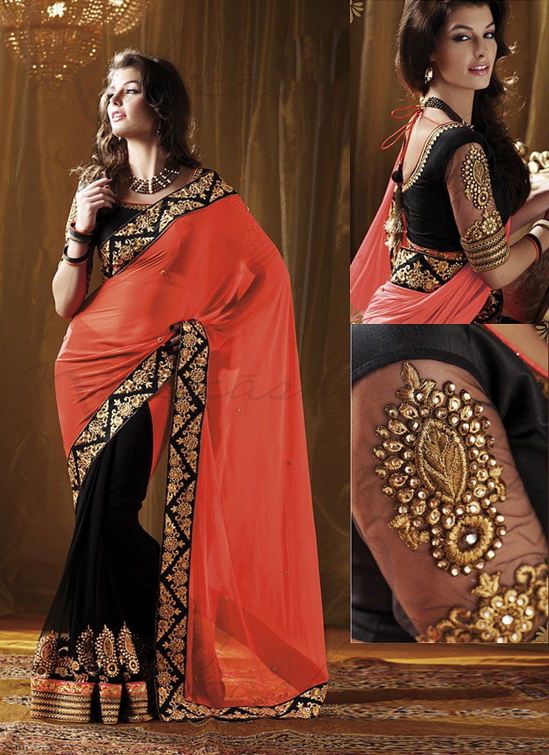 Orange And Black Ombre Pattern Digital Print Chiffon Satin Saree With –  Fabcurate