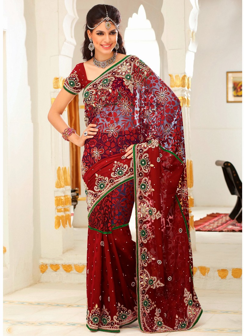 Expensive | Maroon Bridal Silk Mirror Saree and Maroon Bridal Silk Mirror  Sari online shopping