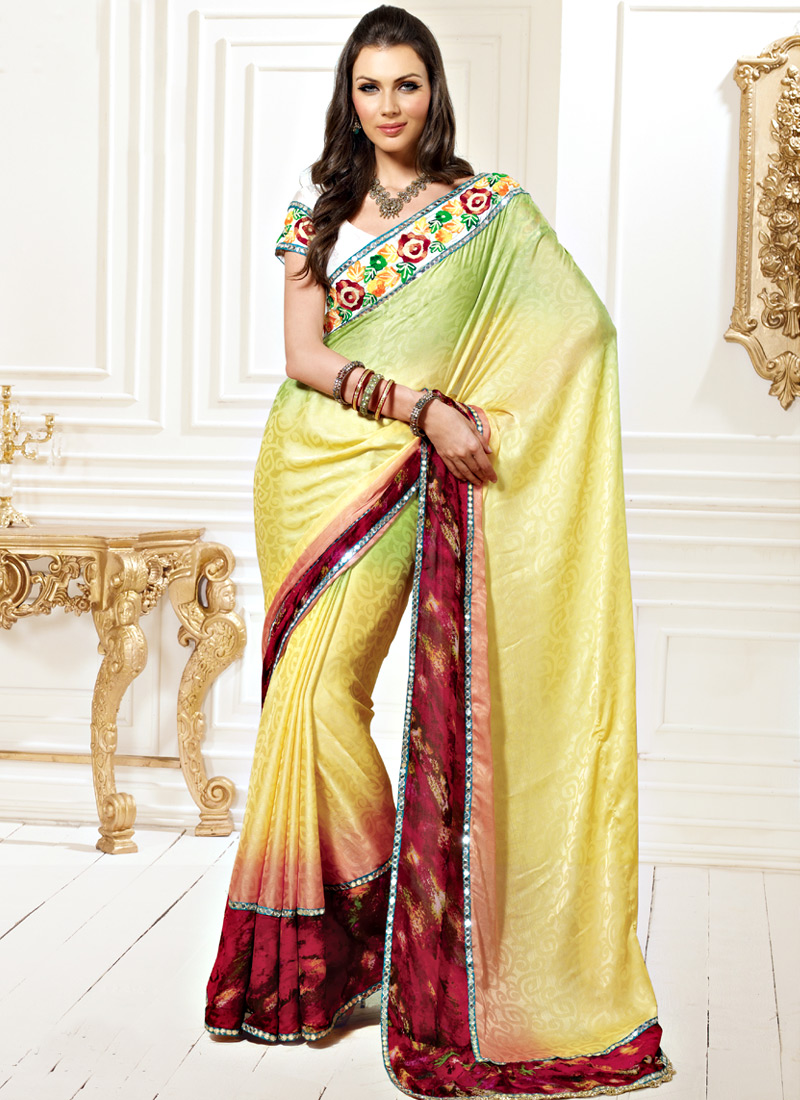 Buy Yellow Chiffon Lace Bordered Designer Saree | Designer Sarees