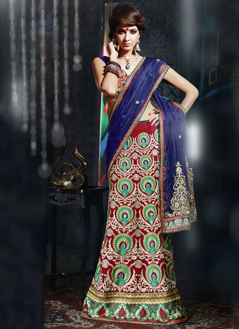 Buy Ravishing Maroon Lehenga Saree with Ruffle Pattern | Inddus.in.