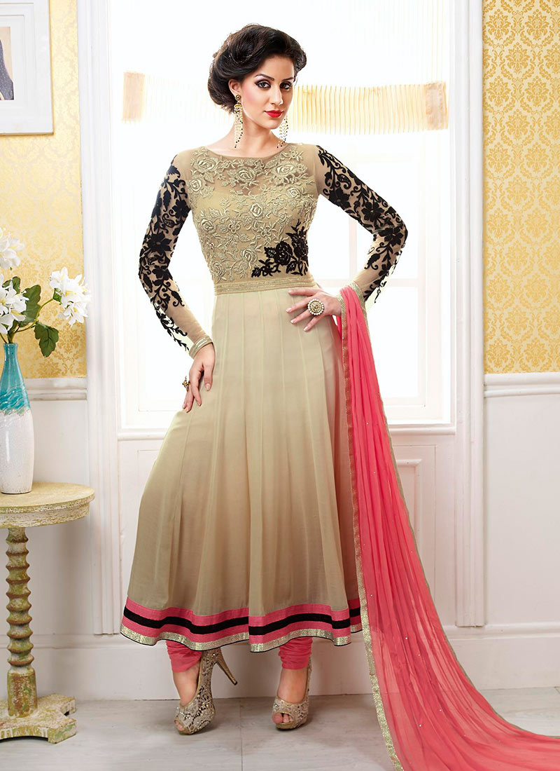 Luxurious Beige Chiffon Designer Anarkali Suit