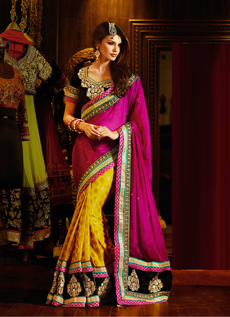 Magenta And Yellow Viscose And Chiffon Saree
