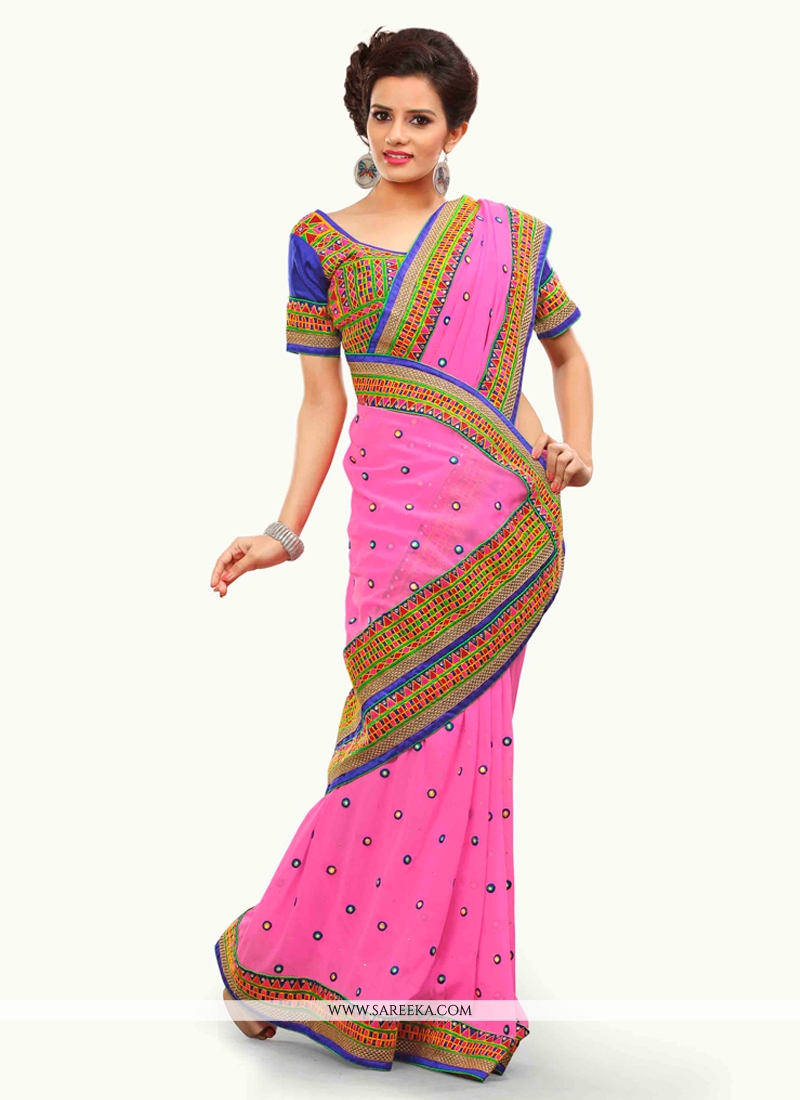 Embroidered Work Pink Designer Saree