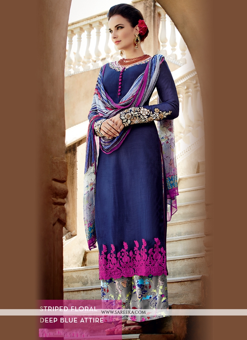 Cotton Satin Blue Designer Palazzo Salwar Suit