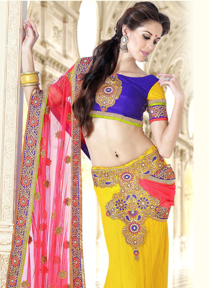Yellow & Pink Coloured Kanjiveram Silk Zari Lehanga With Blouse Along –  Royskart